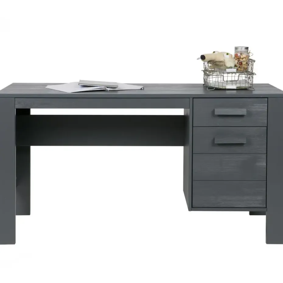 WOOOD Dennis Bureau - Grenen Geborsteld - Staal Grijs - 74x141x59